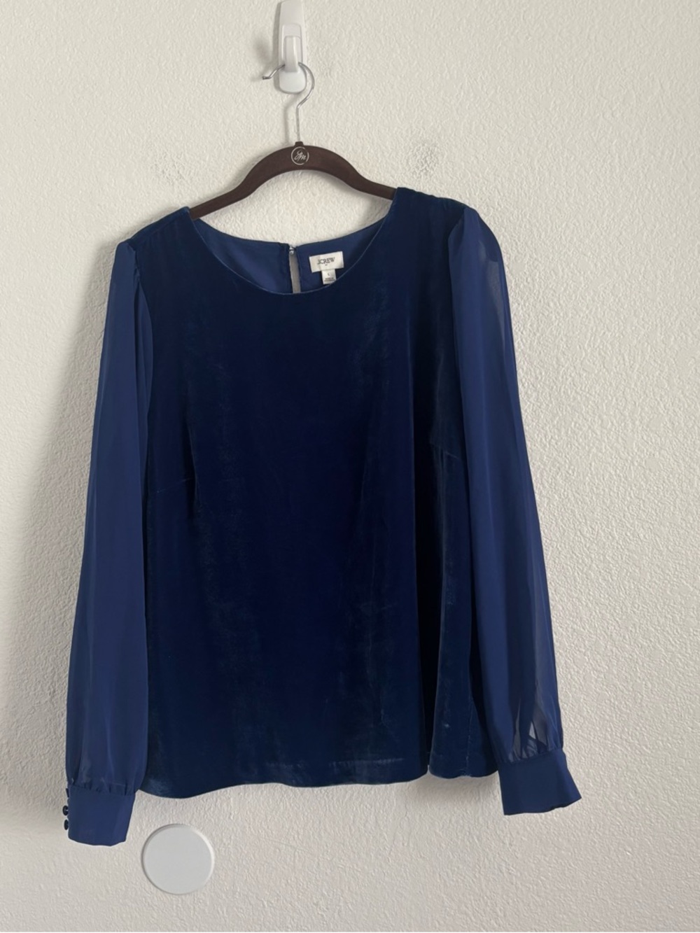 NWOT J. Crew Women's Size Large Blue Velvet LS Sheer Puff Sleeve Top